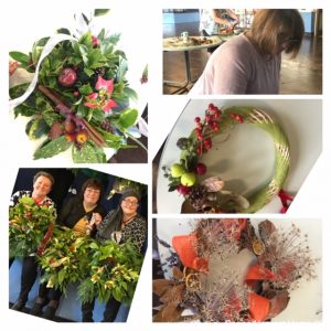 A photo collage of different Christmas wreaths made by the women at the Gyn and Tonic cancer support group. There are images of women holding the wreaths and images of the wreaths on their own.