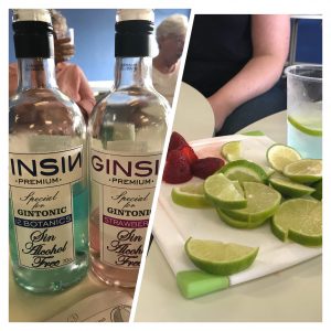 A photo of non-alcoholic gins provided to the ladies at the Gyn and Tonic cancer support group. They're in small bottles, one is pink and one is blue.