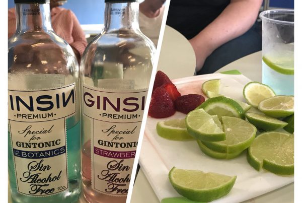 A photo of non-alcoholic gins provided to the ladies at the Gyn and Tonic cancer support group. They're in small bottles, one is pink and one is blue.