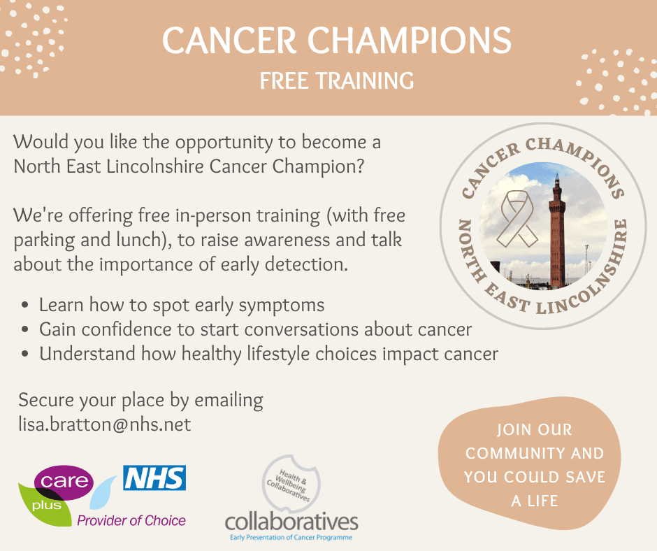 Poster to advertise Cancer Champions sessions in Lincolnshire. For more information, email lisa.bratton@nhs.net