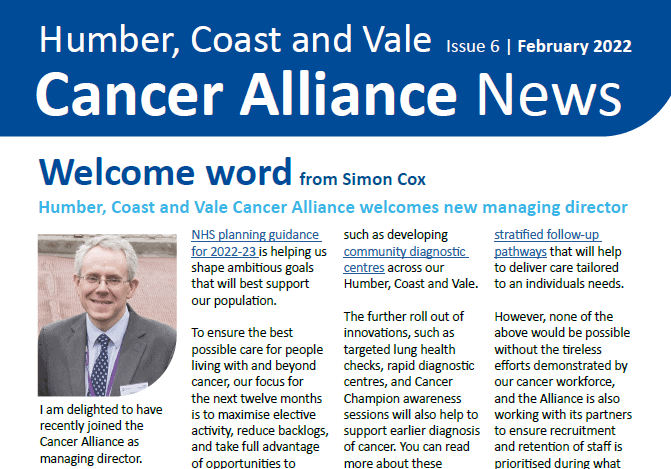 Image shows first part of the newsletters front page. This includes a pictures of the Alliance's new managing director Simon Cox.