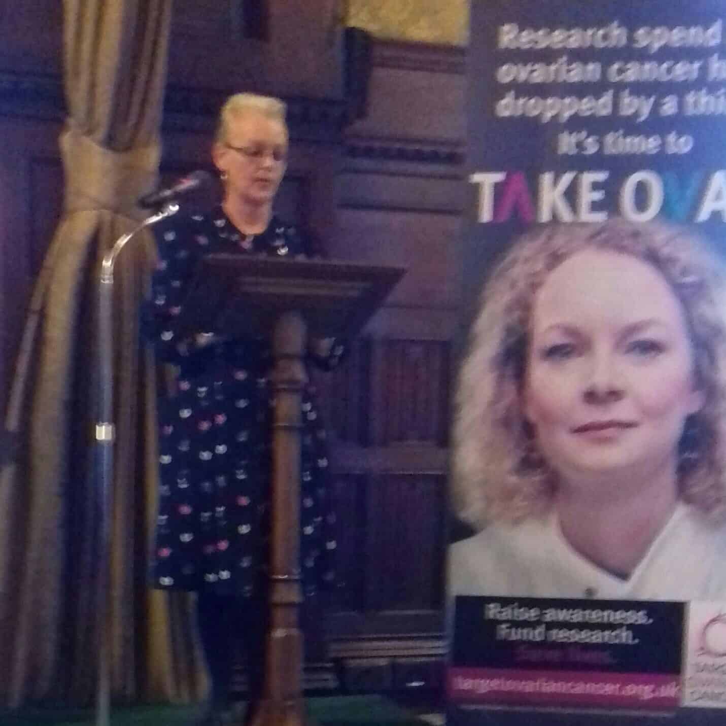 A photo of Helen speaking at a Target Ovarian event.