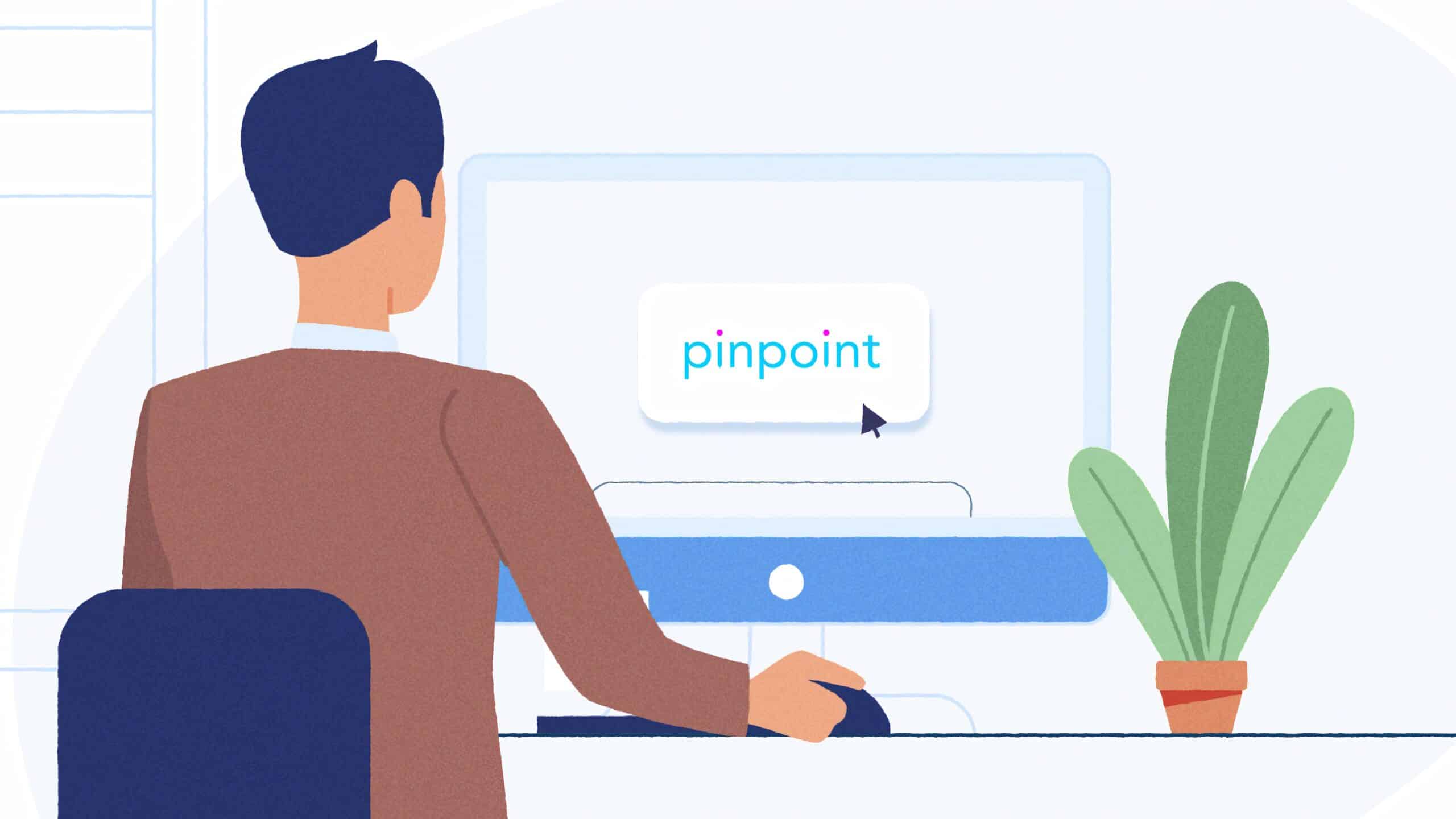 cartoon picture of a man sat at a computer with the words pinpoint on the screen