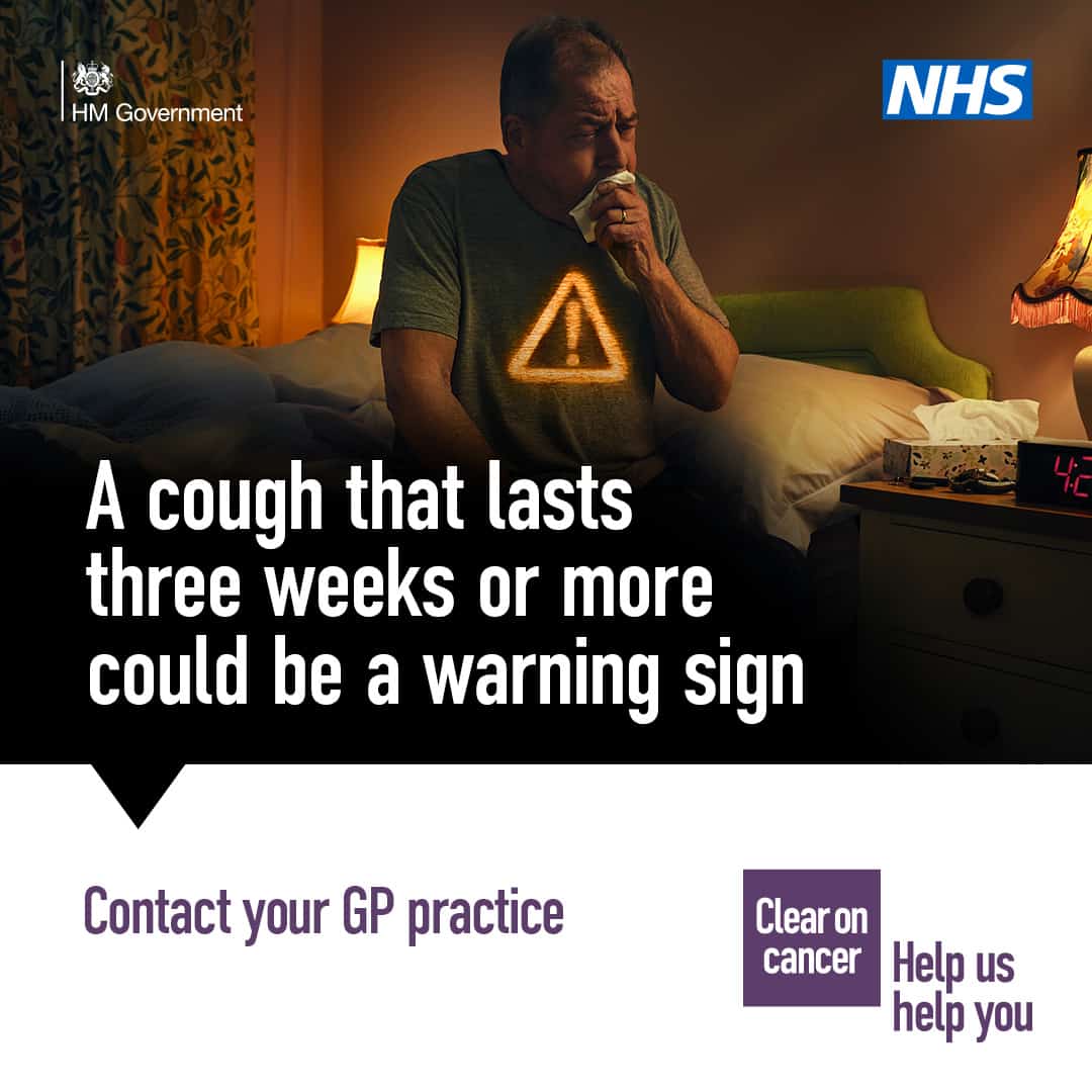 picture of a man sat on a bed coughing with wording about a cough lasting three weeks or more being a warning sign