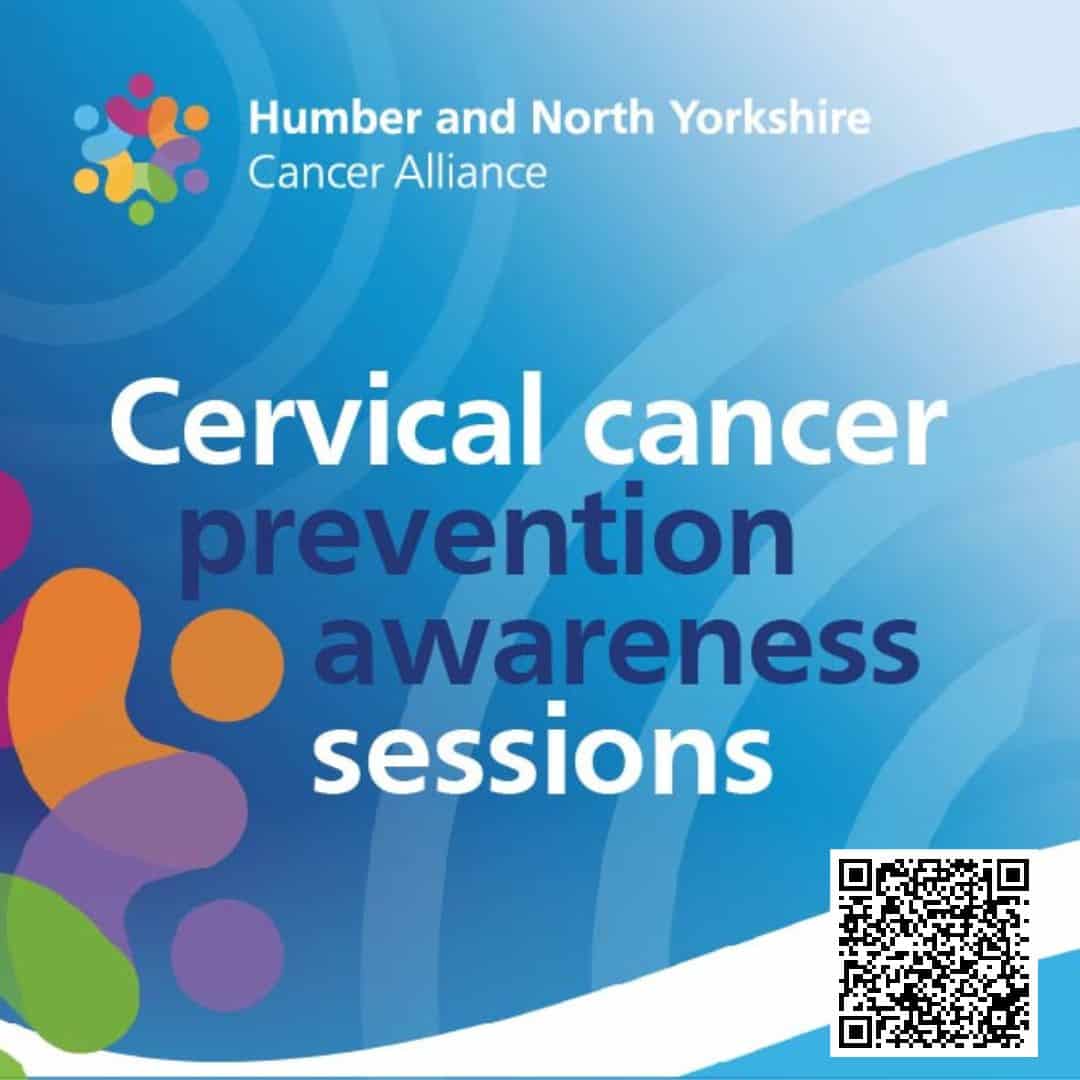 blue background with text saying cervical cancer prevention awareness sessions and a QR code for the page with more information