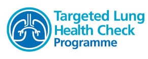 NHS Targeted Lung Health Check logo. a pair of lungs in a blue circle with the words Targeted Lung Health Check programme to the right