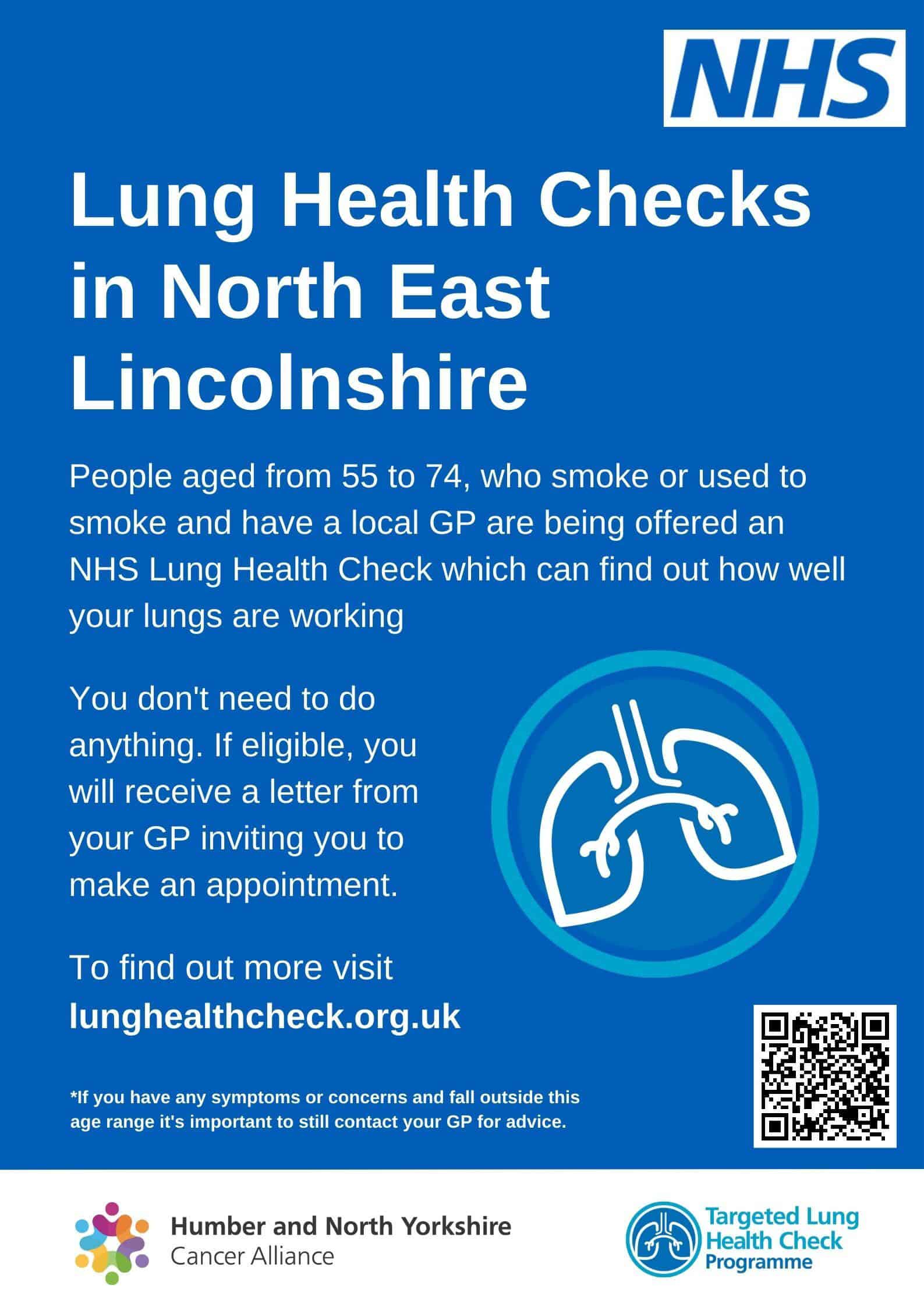 Lung Health Check poster with a picture of the lung health check logo, a pair of lungs in a circle, and written information about the checks