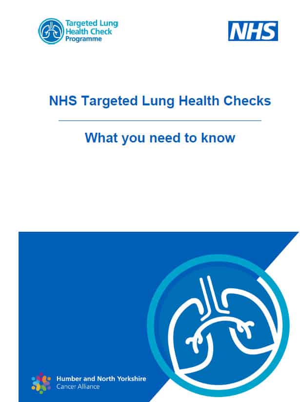 front cover of the lung health check booklet with the logo, a pair of lungs in a circle